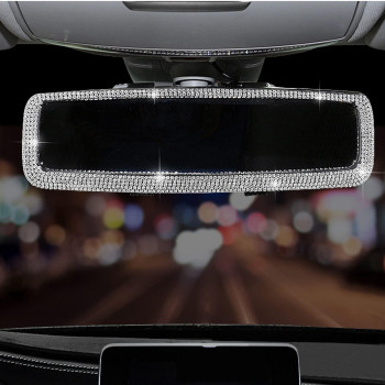 Bling Rhinestone Car Rear View Mirror, Car Rear View Mirror with Crystal Diamonds Bling Rhinestones Car Rear View Mirror for Women,Car Interior Trim. (Sliver)