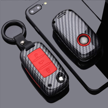 SANRILY 1 Pcs Red Flip Key Cover Case for Volkswagen Jetta Passat Golf Beetle GTI Tiguan EOS Keyless Keychain Holder Stylish ABS Plastic Full Protection Carbon Fiber Texture Key Shell