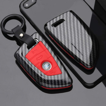 SANRILY 1Pcs Key Fob Cover Case for BMW X1 X3 X5 X6 5 Series 2018 7 Series 2017 up 2 Series 6 Series GT Carbon Fiber ABS Silicone Keyless Remote Key Fob Protector with Keychain Red