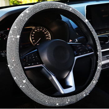 Bling Steering Wheel Cover Women Crystal Diamond Steering Wheel Cover Soft Velvet Rhinestones Wheel Protector Anti Slip Lining for Diverse Vehicle, Car, SUV, Auto and More, 15 Inch(Silver)