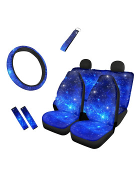 Howilath Fashion Galaxy Blue Stars Design Full Set SUV Car Seat Covers,Steering Wheel Cover,Seat Belt Cushion,Keychain,Anti-Slip Cloth Fabric Sedan,Trunk,SUV,Van,Universal Fit,(F9+Z84+Z86+D9)