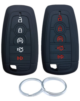 RUNZUIE 2pcs 5 Buttons Silicone Smart Key Fob Cover Compatible with 2021 2020 2019 2018 Ford Mustang Fusion Edge Explorer Expedition F-150 F-250 F-350 F-450 F-550 M3N-A2C93142600 Black with Red Black
