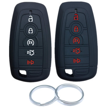 RUNZUIE 2pcs 5 Buttons Silicone Smart Key Fob Cover Compatible with 2021 2020 2019 2018 Ford Mustang Fusion Edge Explorer Expedition F-150 F-250 F-350 F-450 F-550 M3N-A2C93142600 Black with Red Black