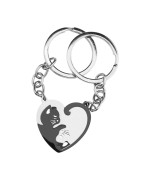 Pair of Heart-shaped Cat Couple Keyrings Stainless Steel Puzzle Pendant Keychains Black for Anniversary Valentine's Day