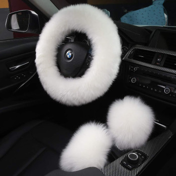 3Pcs Set Fashion Fluffy Fuzzy Wool Fur Soft Car Steering Wheel Cover with Handbrake Cover & Gear Shift Cover for Women/Girls/Ladies Auto Long Wool Accessories