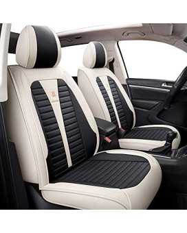 Isen-CoverAuto Full Coverage Faux Leather Car Seat Covers Automotive Vehicle Cushion Universal Fit for Cars SUVs Pick-up Truck, Auto Interior Accessories Seat Covers Full Set (Black & Cream)