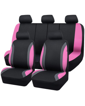 CAR PASS Full Set Universal Fit Breathable Fabric Sport Car Seat Covers, Fit for suvs,Trucks, Sedans, Cars, Vehicles, Vans, Airbag Compatible for Women,Girls(Full Set, Black and Pink)