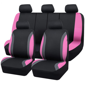 CAR PASS Full Set Universal Fit Breathable Fabric Sport Car Seat Covers, Fit for suvs,Trucks, Sedans, Cars, Vehicles, Vans, Airbag Compatible for Women,Girls(Full Set, Black and Pink)