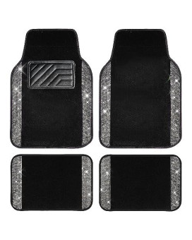 CAR PASS Bling Diamond Car Floor Mats, Shining Rhinestone Carpet Sparkly Glitter Crystal with Anti-Slip PVC Heel Pad Waterproof Universal Fit Automotive SUV,Sedan,Van,Cute Girl Women,4pcs Black Sliver