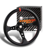 Q1-TECH, Steering Wheel - (Deep Dish) - 350mm (13.78 inches) - Black Leather with Black Spokes/Red Stripe, Drifting Deep Dish 350mm 6 Hole Sport Steering Wheel Racing Trim Universal