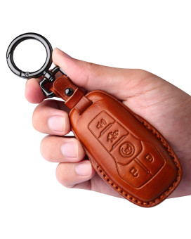 Tukellen for Ford Leather Key Fob Cover with Keychain Compatible with 2013-2016 Ford Fusion 2015-2017 Ford Mustang F-150 Explorer-Brown