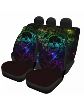 Dellukee Car Seat Covers Skull Print Black Unique Flat Cloth Full Set Front and Rear Bench Protector Set Car Seat Accessories Universal Fit for Auto Truck Van SUV
