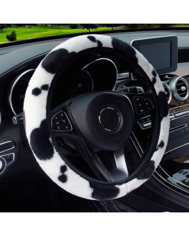 ALEMODR Cow Print Plush Steering Wheel Cover Fluffy Winter Warm Universal 15 inch for Women Girls