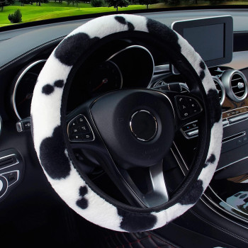 ALEMODR Cow Print Plush Steering Wheel Cover Fluffy Winter Warm Universal 15 inch for Women Girls