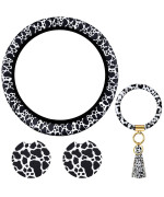 4 Pieces Cow Print Car Accessories Set, Universal 14-16 Inches Cow Print Steering Wheel Cover, Cow Car Cup Coasters and Cow Keyring Bracelet, Fashion Non Slip Suitable for Men Women(Simple Style)