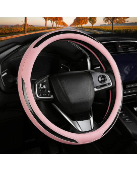 carbon Fiber Pink Steering Wheel cover, Universal 14-15 inch Auto car Leather Steering Wheel cover for Women, Non-Slip Breathable, Better grip car Interior Accessories Fit for Most cars(Pink)