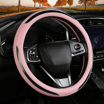 carbon Fiber Pink Steering Wheel cover, Universal 14-15 inch Auto car Leather Steering Wheel cover for Women, Non-Slip Breathable, Better grip car Interior Accessories Fit for Most cars(Pink)