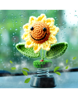 Sunflower Car Accessories Dashboard Decorations, Crochet Smiley Shaking Sun Flowers Bobblehead Dashboard Car Decor For Women, For Cute Girl Car Interior Desk Ornaments Gifts (Handmade Knitted)