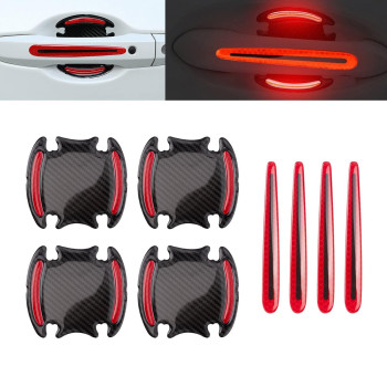 Xotic Tech Car Door Handle Reflective Stickers Scratch Protective Cover Guard, Carbon Fiber Pattern w/Safety Warning Strip (Red)