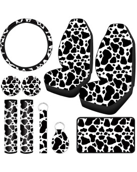 Cow Print Car Accessories Car Seat Cover for Women Men Cow Rubber Steering Wheel Cover Cup Holders Keyring Armrest Seat Belt Pads Wrist Strap for Most Car, SUV()