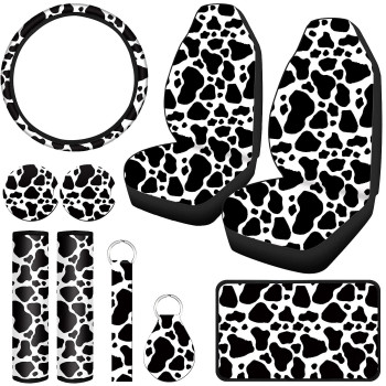 Cow Print Car Accessories Car Seat Cover for Women Men Cow Rubber Steering Wheel Cover Cup Holders Keyring Armrest Seat Belt Pads Wrist Strap for Most Car, SUV()