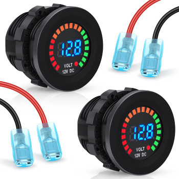 2 Pcs DC 12V Waterproof LED Digital Display Voltage Gauges Round Panel Car Voltmeters with Terminals Waterproof Voltmeter Battery Tester with Blue Light for Boat Marine Car Motorcycle