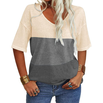 Danedvi Women Fashion V-Neck Raglan Half Sleeves T Shirt color Block casual Loose Basic Tops