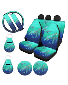 UZZUHI Sea Turtle Car Seat Covers Steering Wheel Cover Full Set for Women Gilry Universal Front and Rear Bench Back with Belt Strap CoverCup CoastersAuto Keychains Blue Teal Desing,