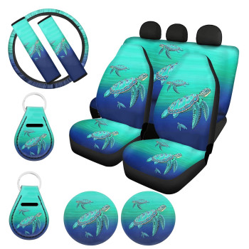 UZZUHI Sea Turtle Car Seat Covers Steering Wheel Cover Full Set for Women Gilry Universal Front and Rear Bench Back with Belt Strap CoverCup CoastersAuto Keychains Blue Teal Desing,