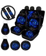 UZZUHI Vivid Blue Rose Car Accessories for Women Front Back Seat Covers Full Set with Universal Steering Wheel Covers,Seat Belt Cover,Auto Cup Coasters,Key Chains for Car SUV Truck