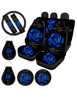 UZZUHI Vivid Blue Rose Car Accessories for Women Front Back Seat Covers Full Set with Universal Steering Wheel Covers,Seat Belt Cover,Auto Cup Coasters,Key Chains for Car SUV Truck