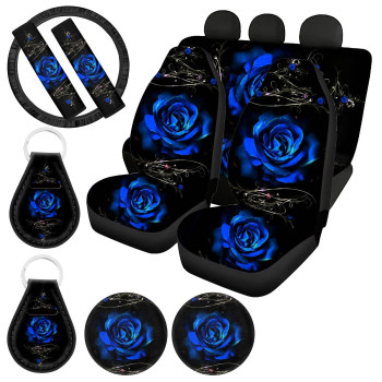 UZZUHI Vivid Blue Rose Car Accessories for Women Front Back Seat Covers Full Set with Universal Steering Wheel Covers,Seat Belt Cover,Auto Cup Coasters,Key Chains for Car SUV Truck