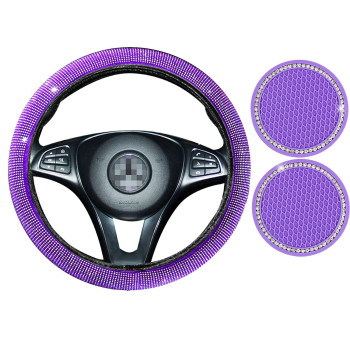 Purple Steering Wheel Cover for Women Girls, 15 inch Stretchy Bling Rhinestone Steering Wheel Covers Cute Car Accessories with 2 Pack Car Coasters for Cup Holders