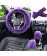 5 Pcs Fluffy Steering Wheel Covers Set,Fuzzy Steering Wheel Cover for Women Girls,Cute Furry Wool Car Accessories with Handbrake Cover,Gear Shift Cover,Shoulder Guard Cover,Universal 15 inch(Purple)