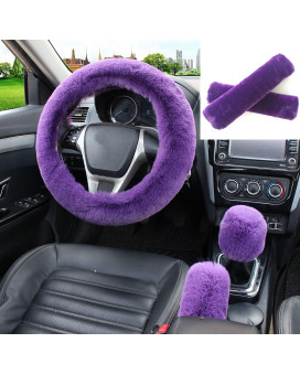 5 Pcs Fluffy Steering Wheel Covers Set,Fuzzy Steering Wheel Cover for Women Girls,Cute Furry Wool Car Accessories with Handbrake Cover,Gear Shift Cover,Shoulder Guard Cover,Universal 15 inch(Purple)