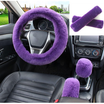 5 Pcs Fluffy Steering Wheel Covers Set,Fuzzy Steering Wheel Cover for Women Girls,Cute Furry Wool Car Accessories with Handbrake Cover,Gear Shift Cover,Shoulder Guard Cover,Universal 15 inch(Purple)