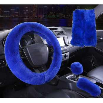 5 Pcs Fluffy Steering Wheel Covers Set,Fuzzy Steering Wheel Cover for Women Girls,Cute Furry Wool Car Accessories with Handbrake Cover,Gear Shift Cover,Shoulder Guard Cover,Universal Fit 15 inch(Blue)