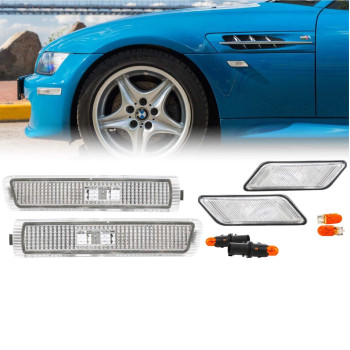 USR Z3 Side Marker Lights - COMBO Euro Clear Lens Front Bumper Sidemarkers + Fender Sidemarker Lamps Set Compatible with 1996-2002 BMW Z3 / M Roadster/M Coupe (4 Pieces w/ 2 Bulbs + Socket Included)