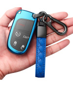Compatible with Jeep Key Fob Cover with Leather Keychain Soft TPU Protection Key Case for Grand Cherokee Renegade Chrysler 200 300 Dodge RAM Durango Challenger Journey Dart Fiat Smart Key,Blue