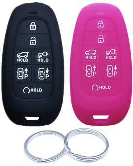 RUNZUIE 2Pcs 7 Buttons Silicone Smart Remote Keyless Entry Key Fob Cover Shell Compatible with 2022 2021 Hyundai IONIQ 5 Electric Vehicle Hot Pink/Black