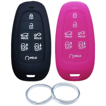 RUNZUIE 2Pcs 7 Buttons Silicone Smart Remote Keyless Entry Key Fob Cover Shell Compatible with 2022 2021 Hyundai IONIQ 5 Electric Vehicle Hot Pink/Black