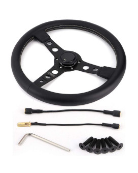 Racing Steering Wheel, Akozon 350mm/14in Car Steering Wheel Prototipo Style 6-Bolt Black Leather Racing Steering Wheel Gray Stitching with Horn Button 14 flat bottom racing steering