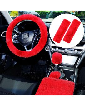 6 Pieces Fluffy Steering Wheel Covers Set for Women, Fur for Car Accessories, Fuzzy Gear Shift Cover Handbrake Center Console Seat Belt Shoulder Pads Cover Decoration (Red, Short Hair)