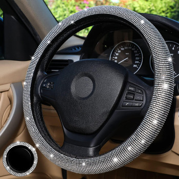 Frienda Steering Wheel Cover 15 Inch Steering Wheel Cover Bling Car Accessories Car Wheel Protector for Women Rhinestone Glitter Car Accessories for Vehicle(White)