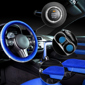 5 Pieces Bling Car Accessories Set Crystal Diamond Car Steering Wheel Cover Faux Fur Auto Center Console Pad Cup Holders Rhinestone Ring Sticker for Car Decor(Royal Blue)