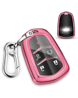 QBUc for cadillac Key fob cover,Soft TPU 360 Degree car Key case Protector with Keychain compatible with 2015-2019 cadillac Escalade cTS SRX XT5 ATS STS cT6 5-Buttons(Pink)