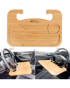 Steering Wheel Tray Double Sided Bamboo Car Laptop Steering Wheel Desk Multifunctional Car Food Trays Car Table Steering Wheel Tray for Eating, Tablet, iPad or Notebook Travel Car Accessories