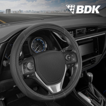 BDK GripTech Stitched Diamond Steering Wheel Cover for Car Truck Van SUV, Standard 15 inch Size, Durable Black Exterior Grip, Comfortable Ergonomic Car Steering Wheel Cover