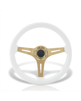 AJP Distributors Universal 350mm 14 6 Bolts Hole Heavy Duty Steel Steering Wheel White Wood Grain Gold Deep Dish 3 Spokes Light Weight w/Horn Button Replacement JDM VIP Sport Grip