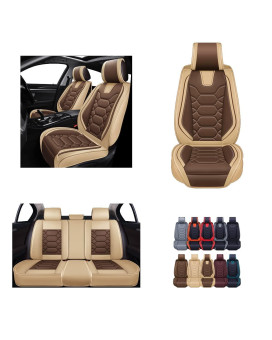 OASIS AUTO Car Seat Covers Premium Waterproof Faux Leather Cushion Universal Accessories Fit SUV Truck Sedan Automotive Vehicle Auto Interior Protector Full Set (OS-004 Coffee)